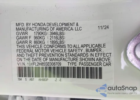 2025 Honda Civic Sport z USA, uszkodzony, nr VIN 19XFL2H85SE008709